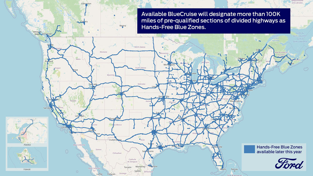 Ford BlueCruise. Mapa Estados Unidos.