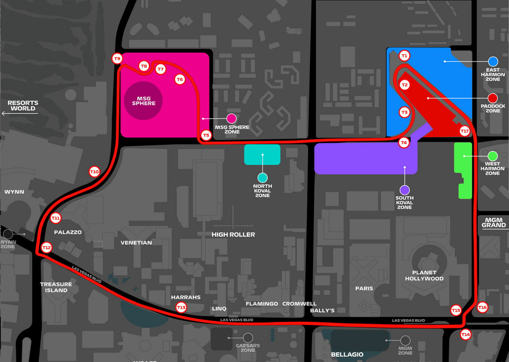Más de 10.000 euros cuestan las entradas para el Gran Premio de Las Vegas 1 Motor16 Gran Premio de Las Vegas de Fórmula 1. Imagen zonas circuito.