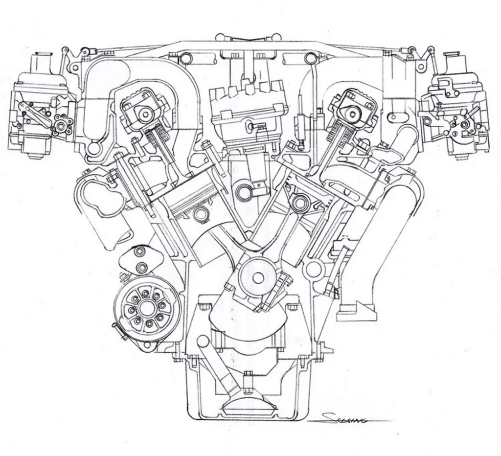 Forge Design Ferrari 250 GT SWB. Imagen boceto motor V12.