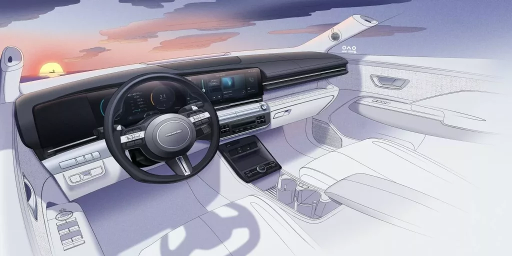 Hyundai Kona 2023. Imagen boceto interior.