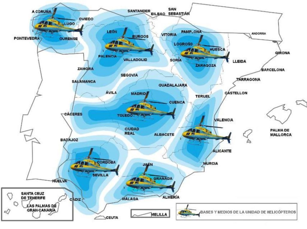 Helicópteros que posee la DGT y las áreas en las que están operativos.