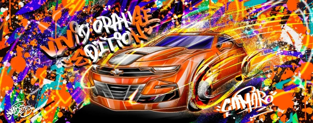2023 Chevrolet Camaro Vivid Orange Edition. Imagen mural arte.