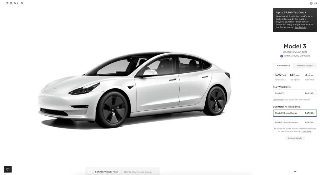 2023 Tesla Model 3. Imagen precios Estados Unidos.