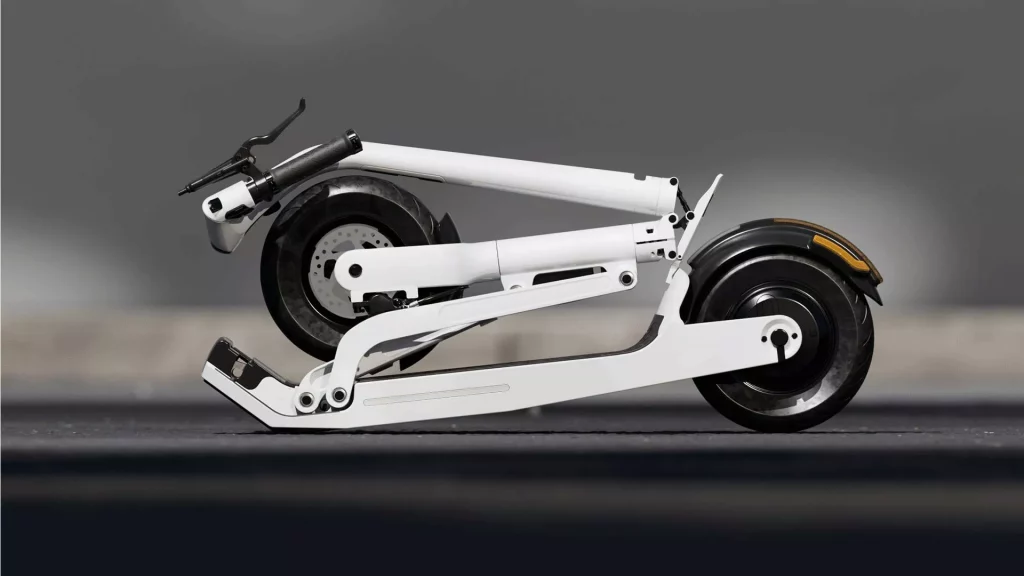 2023 Lavoie Serie 1 McLaren patinete eléctrico. Imagen detalle plegado.