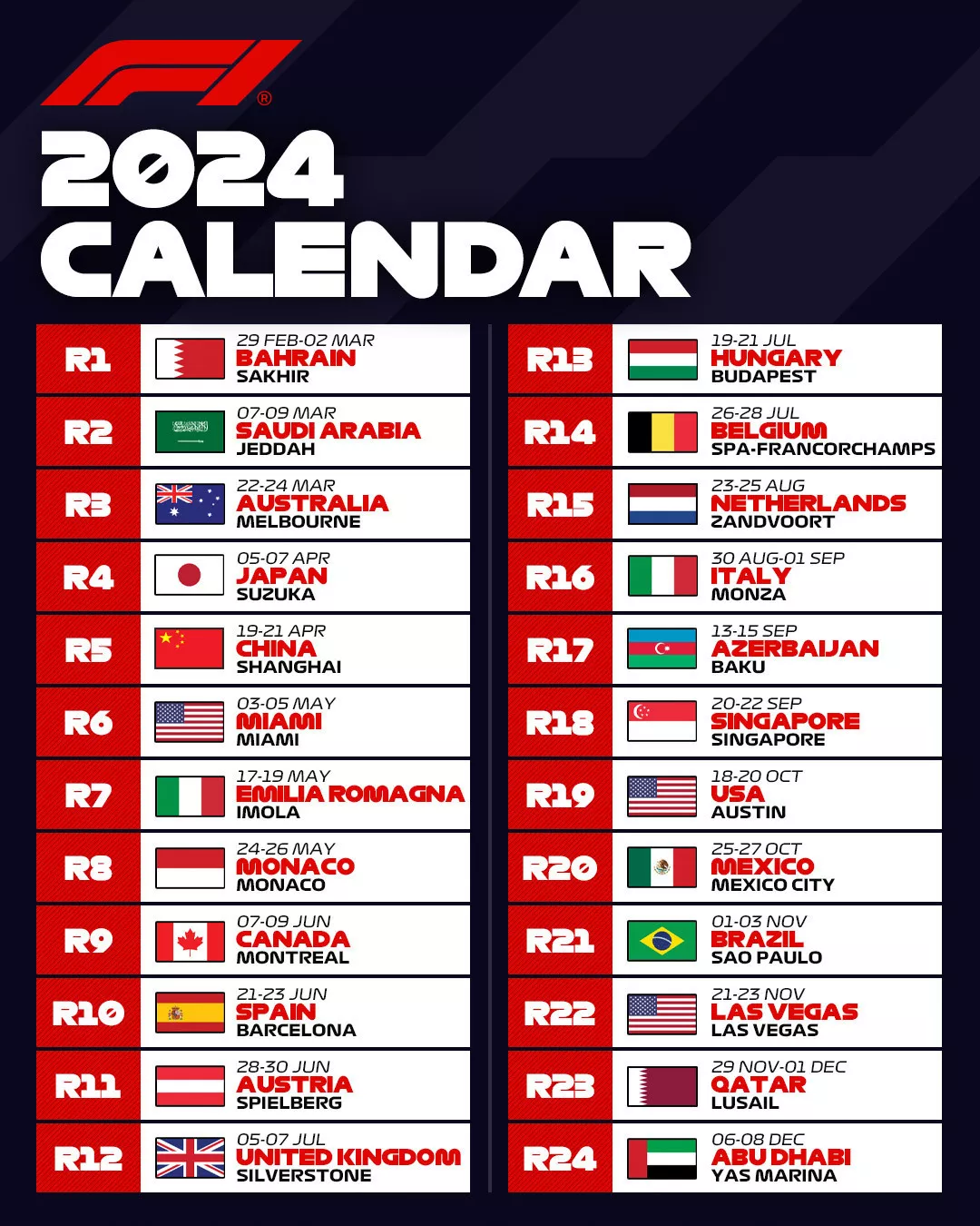 There is already a calendar for the 2024 Formula 1 season