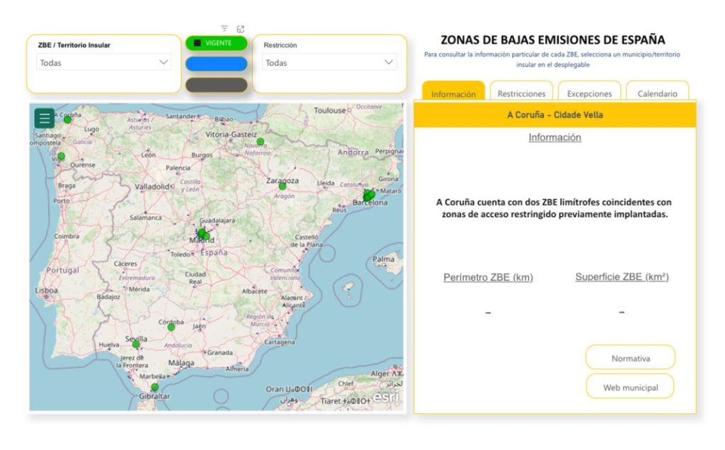 En el mapa se especifican en color verde las ciudades que sí tienen activa una ZBE.