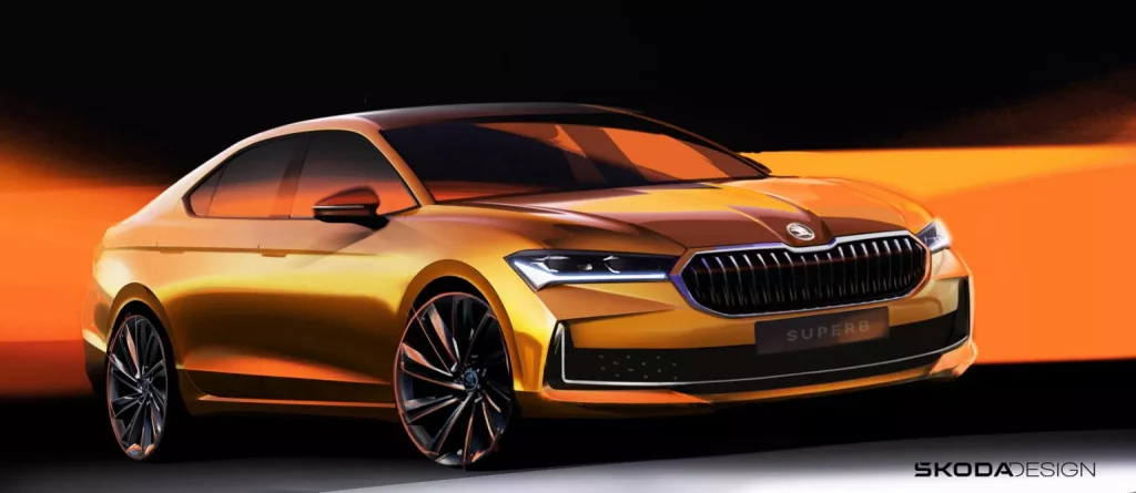Skoda Superb: La próxima vez que lo veas será en carne y hueso 1 Motor16 2023 Skoda Superb Bocetos. Imagen delantera.