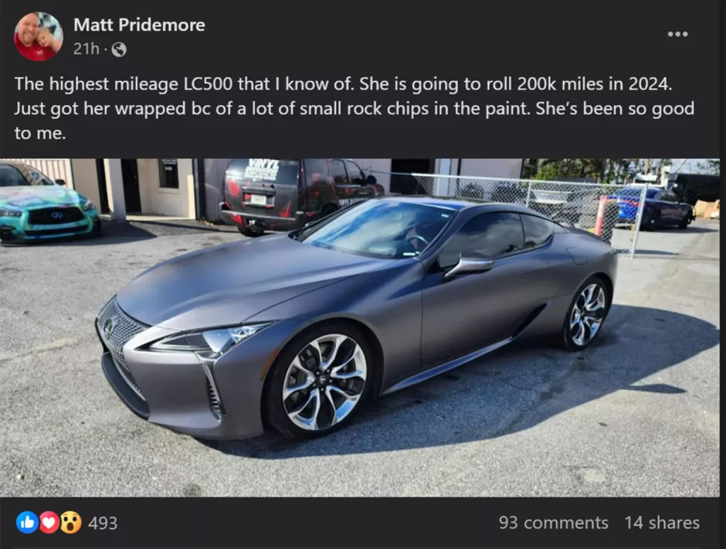 La pasión por su Lexus LC 500 le lleva a conducirlo 100.000 km al año 1 Motor16 2023 Lexus LC 500 Pridemore. Imagen facebook.