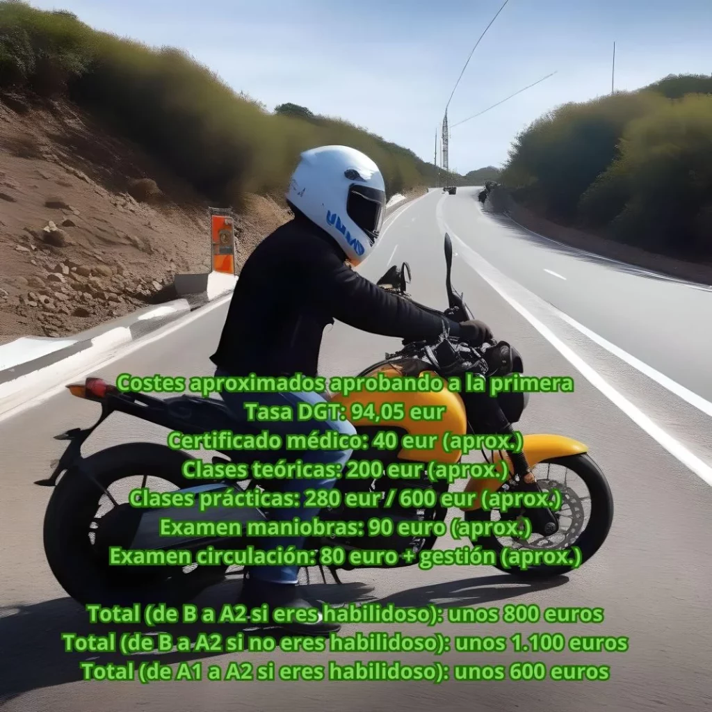 El textCostes aproximados aprobando a la primera Tasa DGT 9405 eur Certificado medico 40 eur aprox. Clases teoricas 200 eur aprox. Clases practicas 280 eur 600 eur aprox. Examen maniobras Motor16