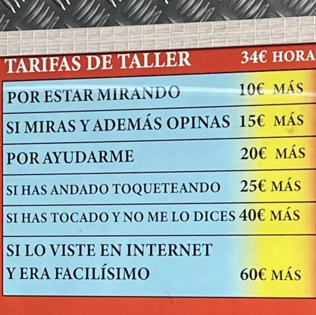 El cartel de tarifas de un taller que se ha hecho viral por los suplementos que cobra 218 Motor16 cartel taller viral 660c4f4019ef2 Motor16