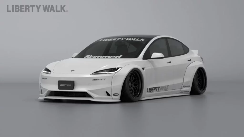 Así es el Tesla Model 3 imaginado por Liberty Walk 1 Motor16 2024 Tesla Model 3 Liberty Walk. Imagen delantera.