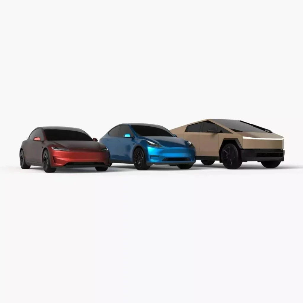 Tesla Model 3, Model Y y Cybertruck, más coloridos que nunca 1 Motor16 2024 Tesla Model 3, Model Y, Cybertruck. Vinilo. Imagen estudio.
