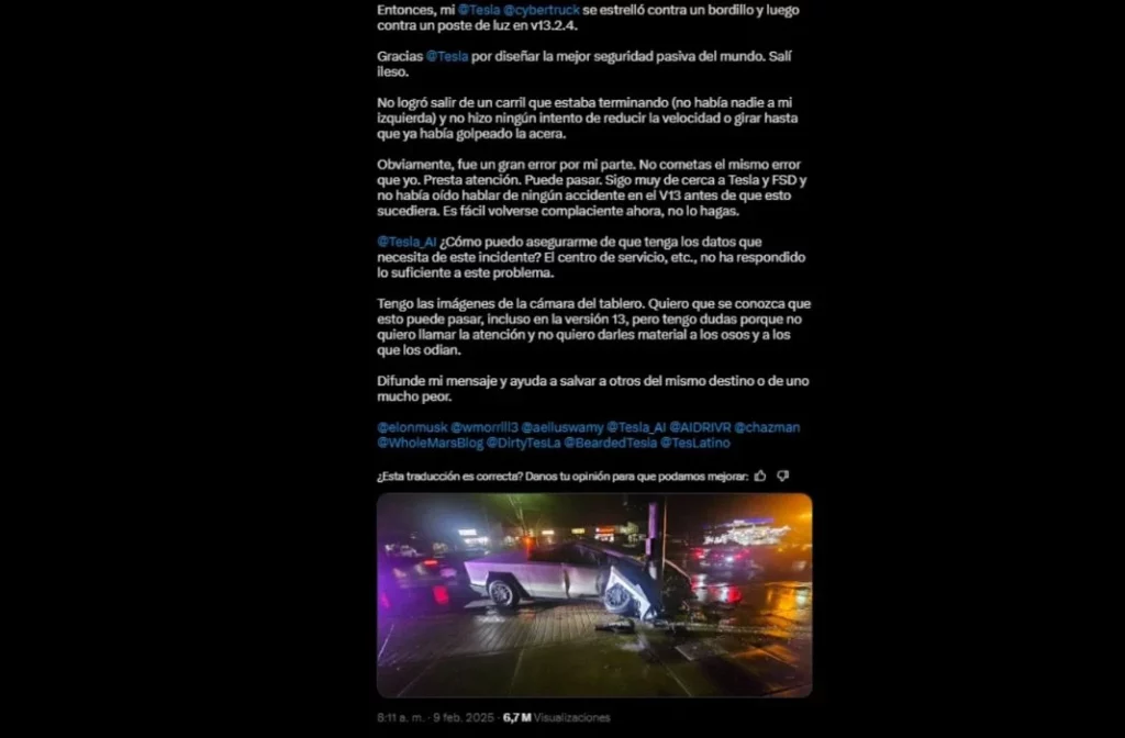 El Tesla Cybertruck se convierte en un 'abrazafarolas' gracias a su sistema FSD 1 Motor16 ¿Qué fue lo que hizo el Tesla Cybetruck?