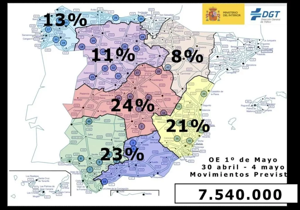 Mapa de desplazamientos previstos durante el Puente de Mayo