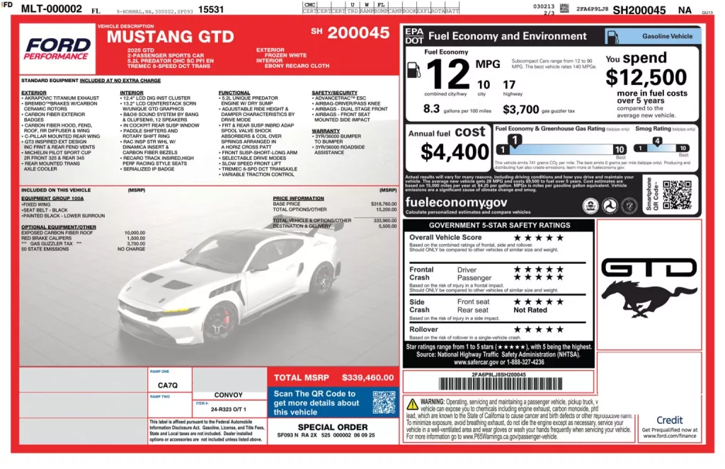 La pegatina que ha sacado a la luz los secretos mejor guardados del Ford Mustang GTD 1 Motor16 2025 Ford Mustang GTD. Sticker. Pegatina. Precio. Detalles.