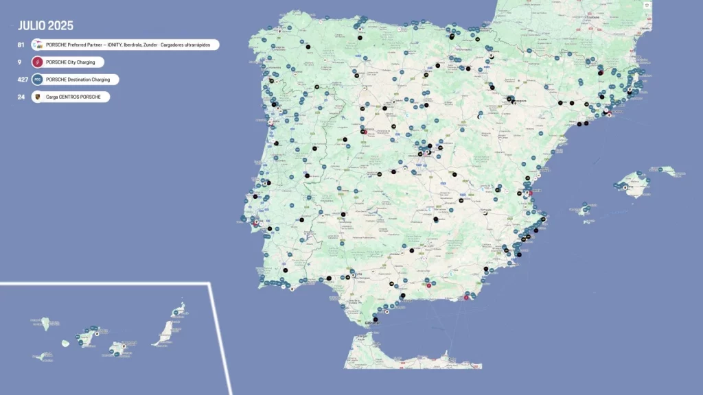 2025 Cargadores Porsche España y Portugal. Imagen mapa.