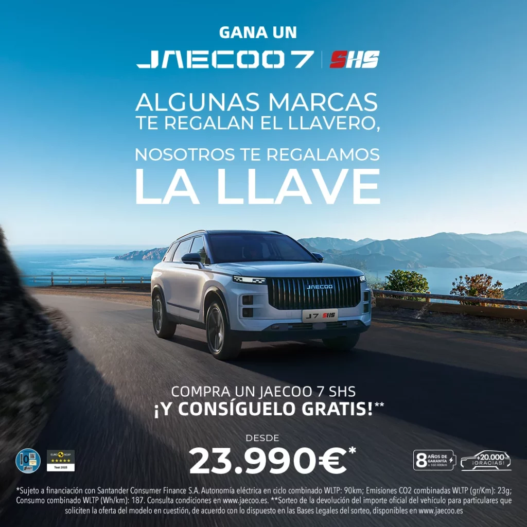 Así de fácil puedes conseguir un JAECOO 7 gratis: Corre que el tiempo vuela 3 Motor16 2025 Jaecoo 7 SHS gratis. Imagen anuncio.