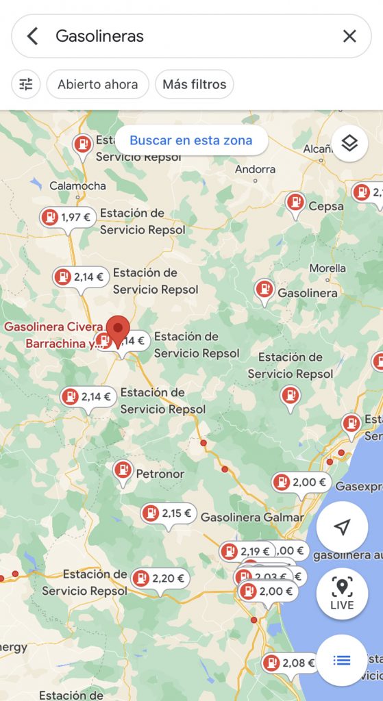 Google Maps permite visualizar los precios de la gasolina sobre el mapa.