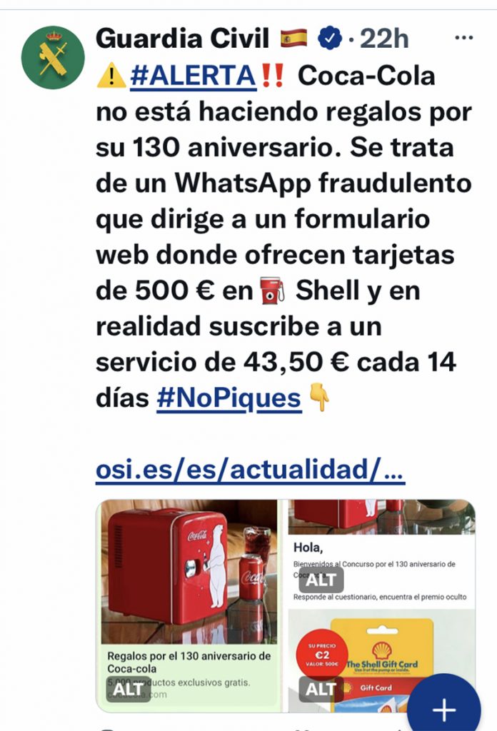 La alerta que ha lanzado la Guardia Civil en Twitter sobre el descuento en gasolina