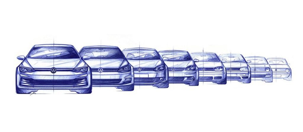 2019 Volkswagen Golf. Imagen boceto ocho generaciones.