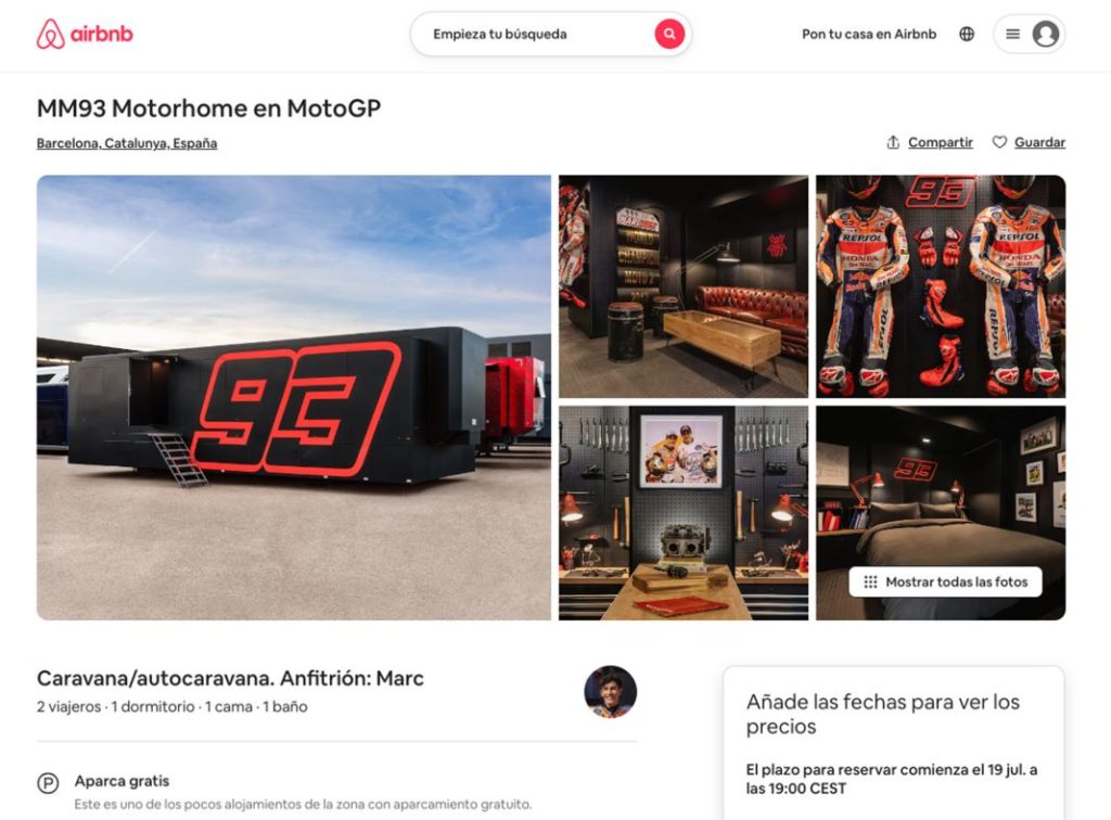 Así se anuncia el alquiler del Motorhome de Marc Márquez en Airbnb.